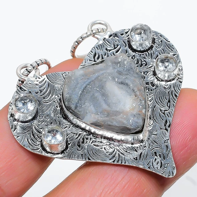 Desert Rose Druzy, White Topaz 925 Sterling Silver Jewelry Pendant 2.17" G214