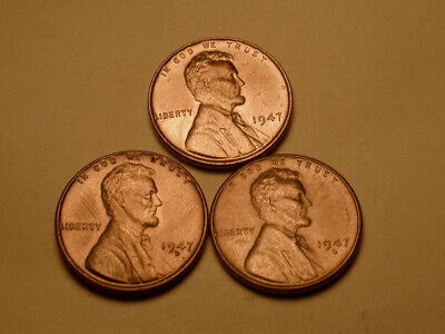 1947 P-D-S  Ch BU Uncirculated Cherry Red Lincoln Cent  Set of 3  Group #102