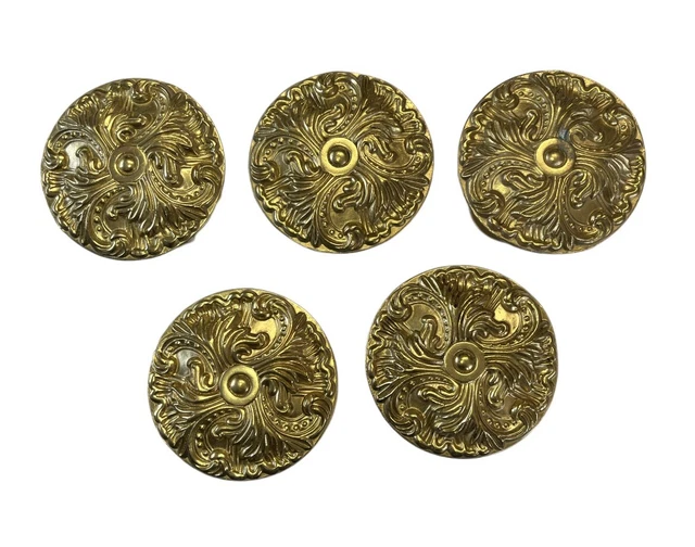 Vintage  Solid Brass Broque Curtain Tie Backs Ornate Medallions Set of Five