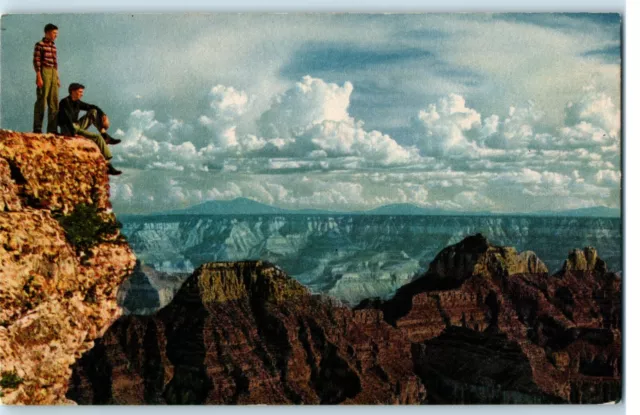 Postcard AZ Bright Angel Point Grand Canyon Boys Union Pacific RR Linen Unposted