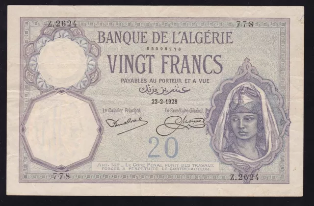 Algeria ---  20  Francs  1928 ---- Vf ---- Very Nice ----