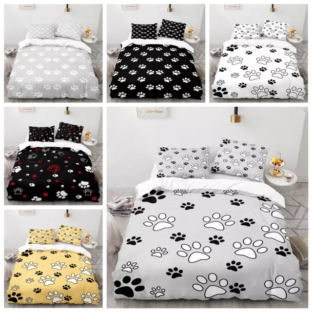 Pawprint Claw Print Cats Dogs Black White Grey Doona Duvet Quilt Cover Bed Set