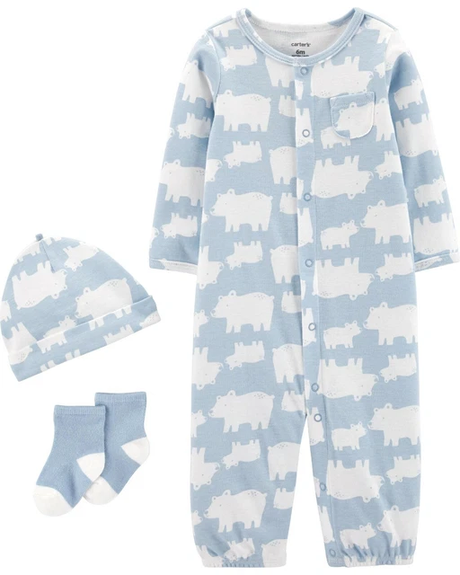 Carters Baby Boy Converter Gown Hat Set Size Newborn 3 Months Blue Bear Layette
