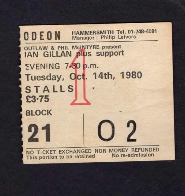 1980 Ian Gillan Deep Purple Concert Ticket Stub Hammersmith London UK Glory Road