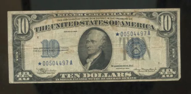 Ten Dollar Bill 1934  Blue Seal Star Note 10.00 * 00504497A Plus Error Alignment