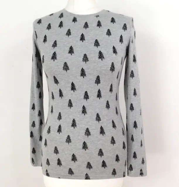 TU Grey Top Size 8 Long-Sleeved T-Shirt Tree Pattern Festive Christmas