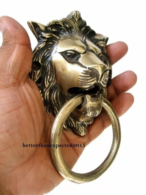 Vintage Style Main Fabriqué Laiton Massif Lion Heurtoir de Porte Poignée 2