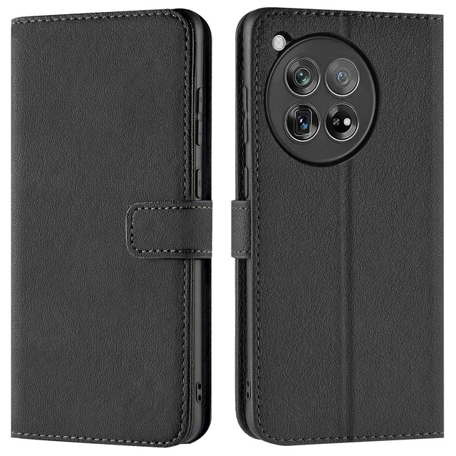Étui Portefeuille Cuir Pour OnePlus 12 - Avec Béquille, Fentes Cartes Et Fermeture Magnétique - Noir