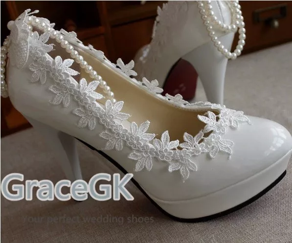 Women's Lace Wedding Shoes Pearls anklet Bridal High Low Heels flat shoes 3