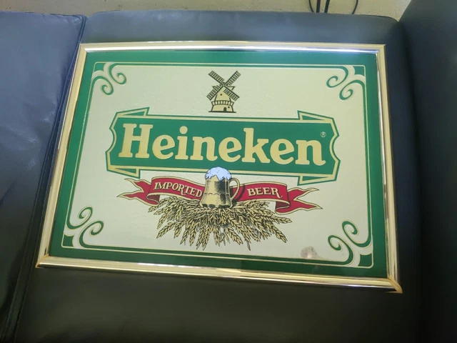 HEINEKEN Imported BEER SIGN Holland Vintage Mirror 19x14 bar framed rare display