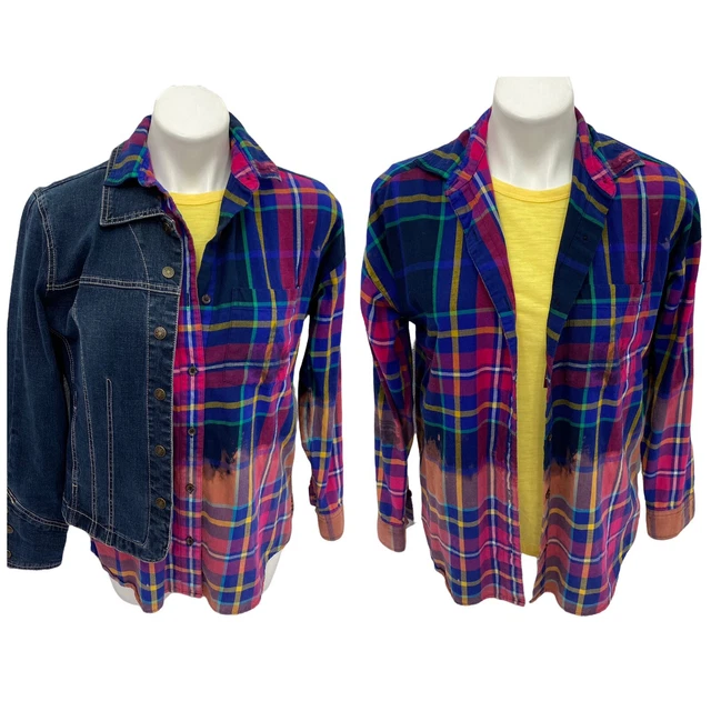 Old Navy Womens Upcycled Plaid Button Up Size Small Boho Lotus Bleach Ombre Coat 5
