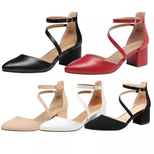DREAM PAIRS Women Low Chunky Heel Ankle Strap Pointed Toe Wedding Pump Shoes