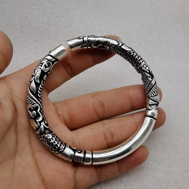 Old Chinese tibet silver hand-carved double dragon Pattern Bracelet