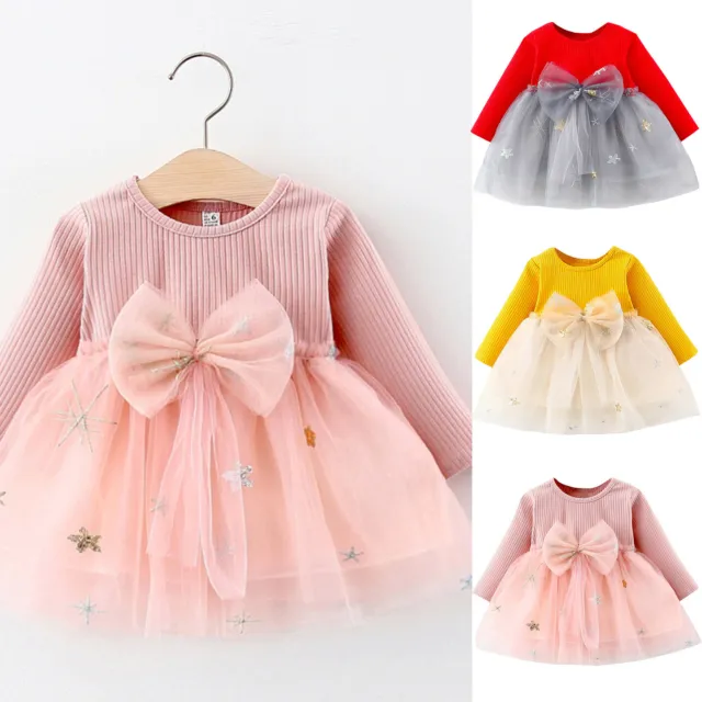 Toddler Kids Baby Girls Patchwork Tulle Bowknot Knit Dress Princess Clothes