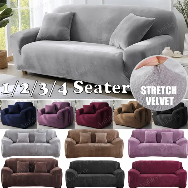 VELVET Elastic STRETCH SOFA COVERS Settee Slipcover Protector 1/2/3/4Seater UK