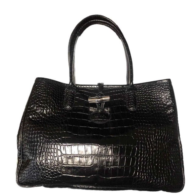 Longchamp Leather Tote Bag Croc Embossed Black Clean Authentic Dust Cover France 3