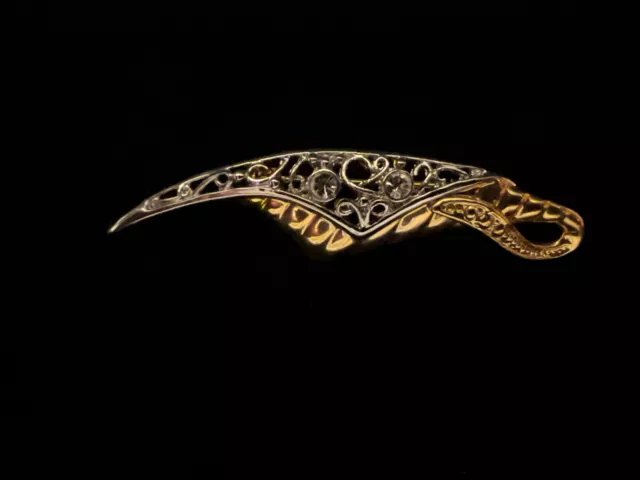 Vintage Goldtone & Silvertone Ornate Filigree Brooch w/ Rhinestones Scarf Pin
