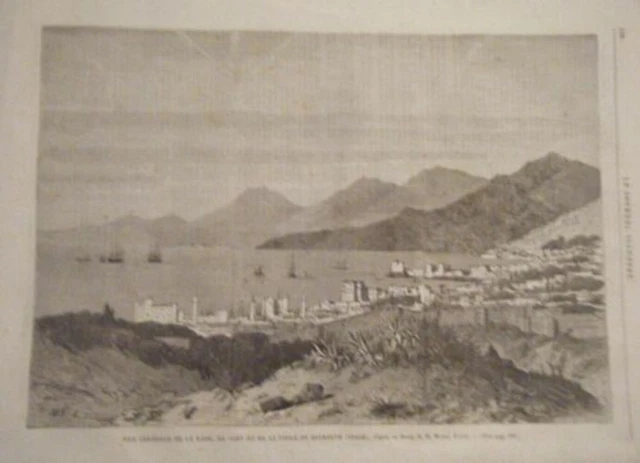 GRAVURE SUR BOIS 19è VUE GENERALE RADE PORT ET VILLE DE BEYROUTH LIBAN (Ex-SYRIE