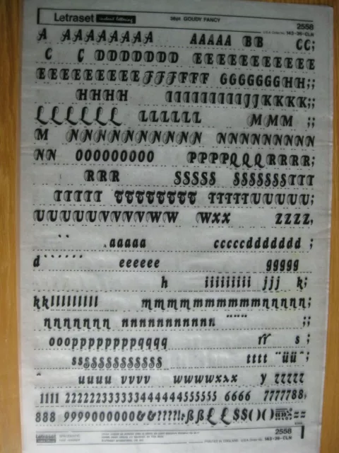 .1 x Letraset Upp/Low & Num GOUDY FANCY 36pt 8,9 mm Hoja 2558 b (kg)