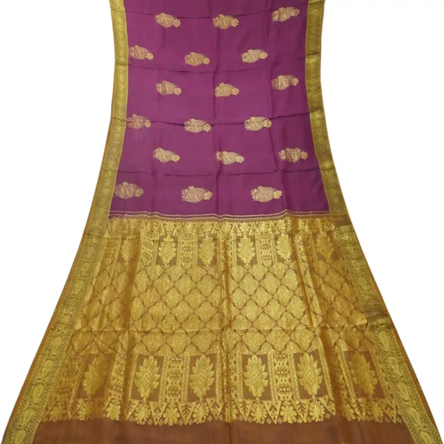 Vintage Viola Sari 100% Puro Kanjivaram Seta Korvai Zari Sari 4.6m Craft Tessuto