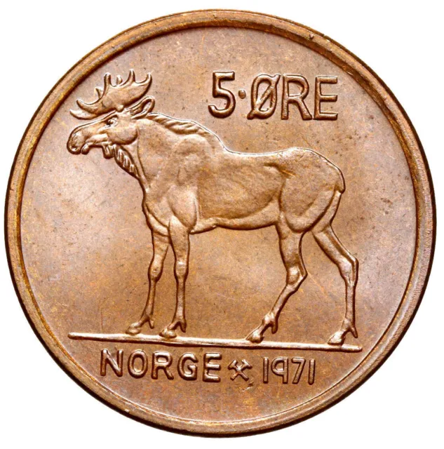 Norway - King Olav V - Coin - 5 Öre Oere 1971 ⚒ - Elk - Uncirculated UNC