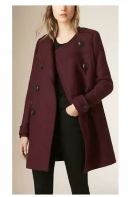 Auth Burberry Brit Antwood collarless double breasted red burgundy coat size 6