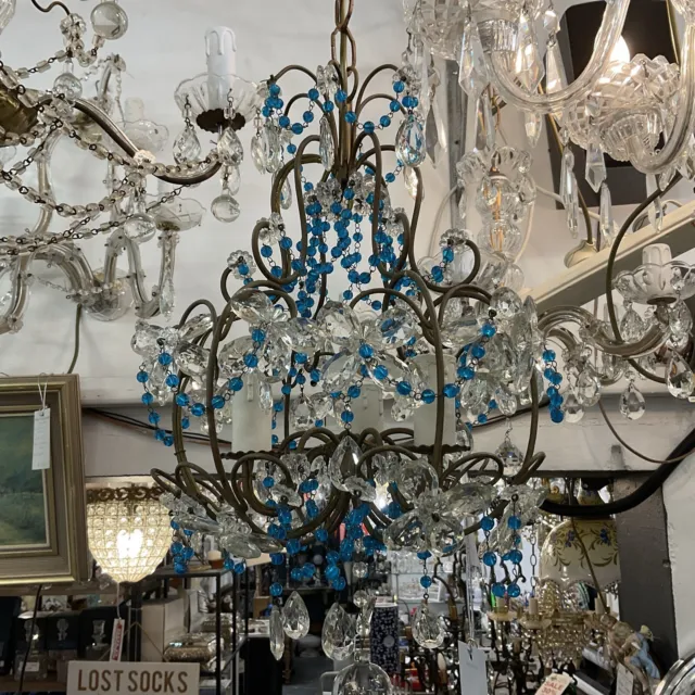 Vintage Basket 1 3 Light Italian Petite Blue French Crystal Chandelier Small