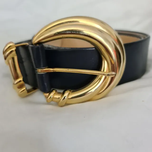 VINTAGE Womens 80s Glam Leather Wide Chunky Buckle Belt Navy Gold
