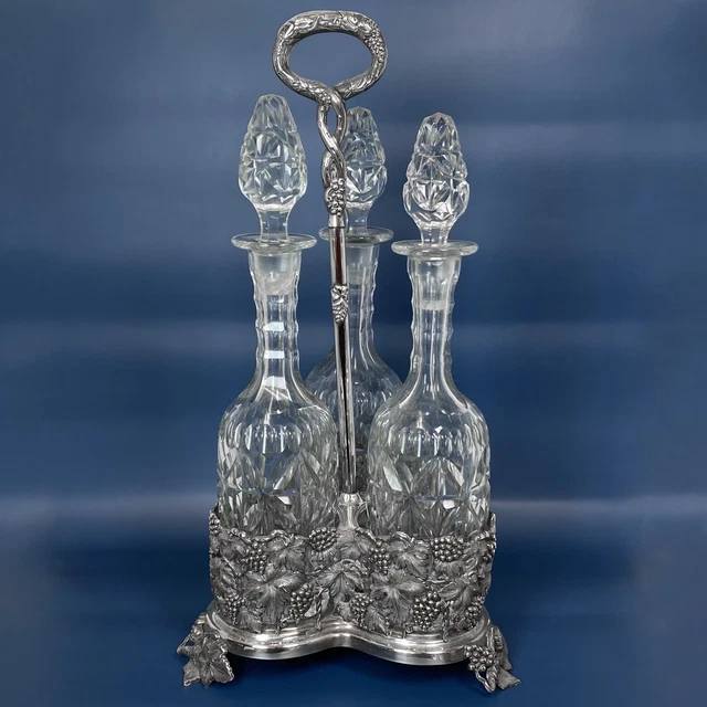 Stunning Triple Wine Cruet With Cut Glass & Silver Plated Grape Motif Carrier