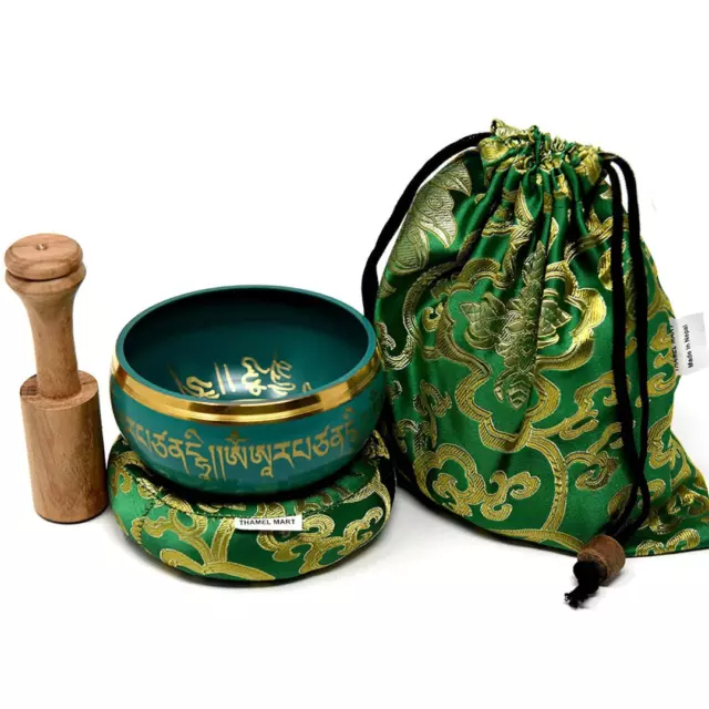 5" Exquisite Green Mantra Tibetan Singing Bowl Set for Meditation Handmade