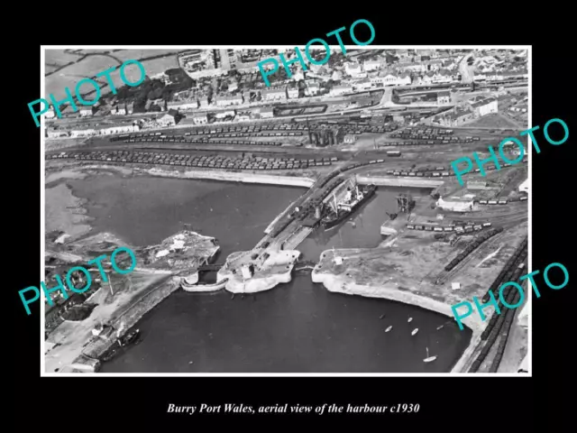 OLD LARGE HISTORIC PHOTO OF BURRY PORT WALES AERIAL VIEW OF THE HARBOUR c1930