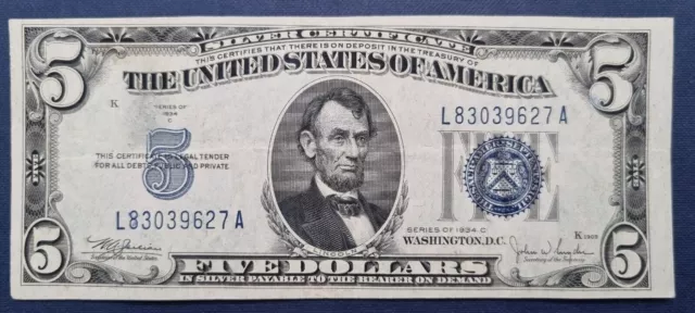 1934 C Five Dollar Silver Certificate Note $5 Bill Blue Seal Better Grade #58073