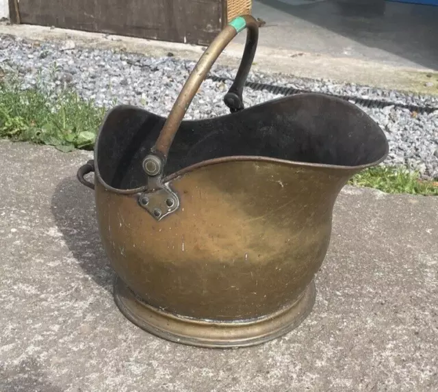Coal Bucket Scuttle Vintage Brass Large Helmet Shaped Log Bin Fireside