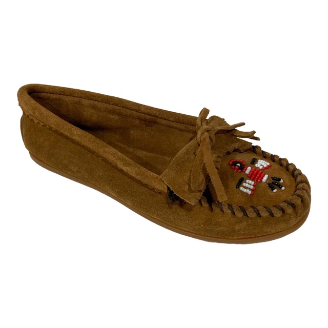 Minnetonka Women Size 9.5 Dusty Brown Thunderbird II Moccasin Flats Beaded Kilty
