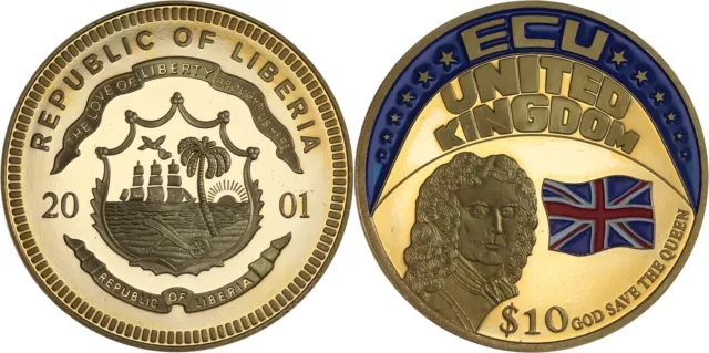 Liberia: 10 Dollars gold plated copper-nickel 2001 (ECU, United Kingdom) - UNC