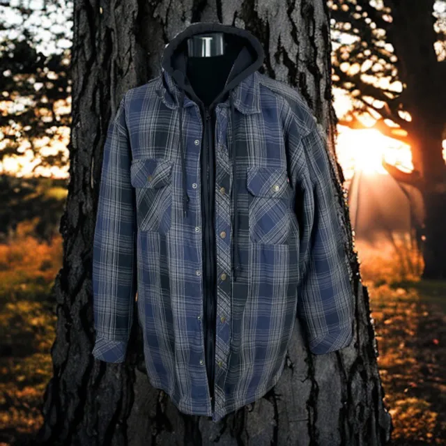 Dickies Flannel Shirt Jacket Mens 2XL Blue Plaid Hooded Insulated Coat