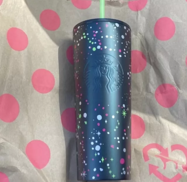 FLAWED Starbucks Stainless Tumbler Cold Cup Straw Black Confetti Polka Dot Venti