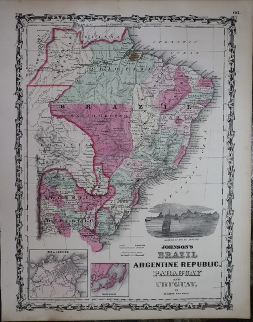 1862 Johnson's Atlas Map ~ BRAZIL ~ (14x18)   Free S&H  -#836