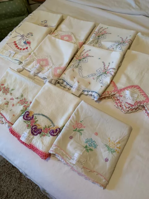 Vintage Embroidered Pillowcases ~ Beautiful Work~4 Sets And 3 Singles
