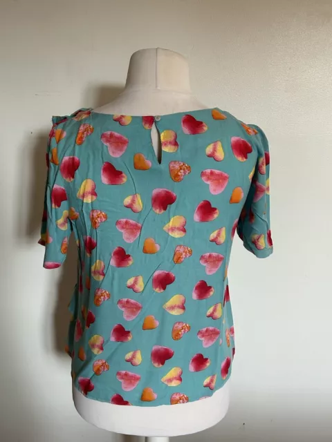 NEXT Blouse Heart Printed Top Size 14 Blue Pink  Frill Details