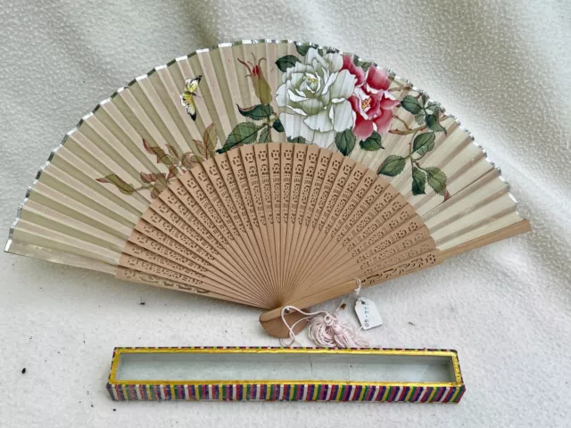 Vintage Bamboo & Linen Hand Fan Floral Pattern Boxed