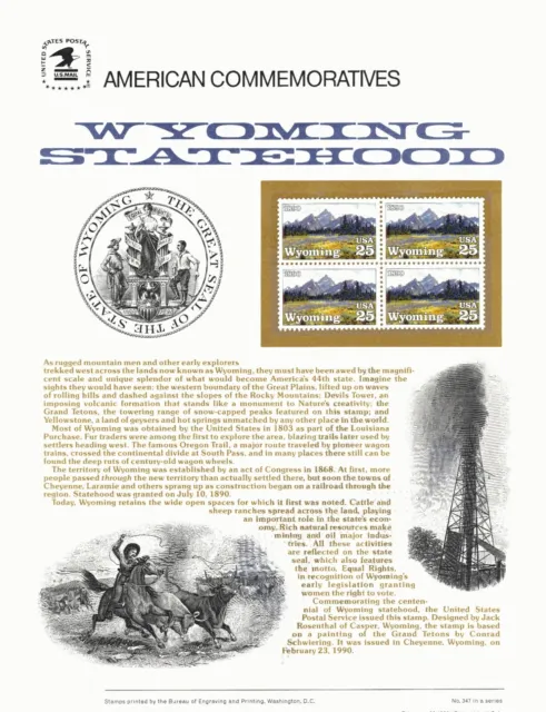 #347 25c Wyoming Centennial #2444 1990 USPS COMMEMORATIVE STAMP PANEL