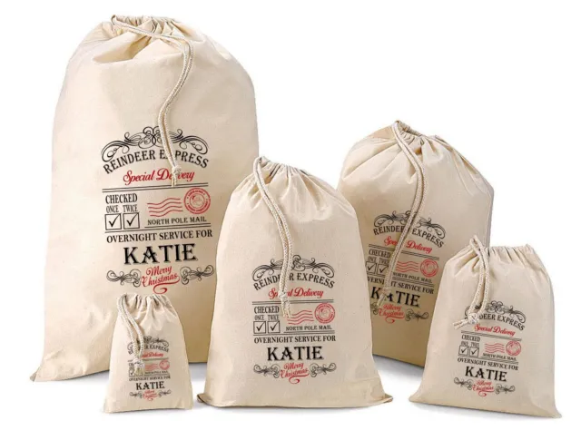Personalised YOUR NAME Christmas Gift Bag Santa Sack All Sizes Katie Design
