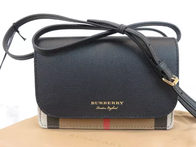 $910 Nwt Burberry Hampshire Black Leather House Check Small Crossbody Clutch Bag