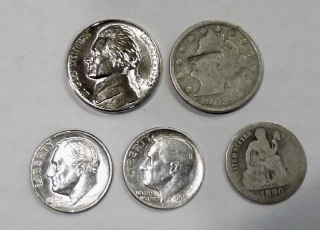 1902 Seated Liberty 1943-P Jefferson Nickels & 1890 1958 1958-D Dimes NICE COINS