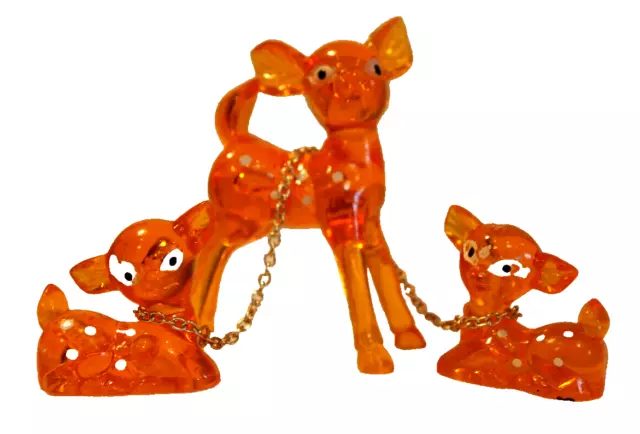 Vintage Deer Family Set - 3  Orange Lucite Plastic Bambis 60s /70s Retro Kitsch