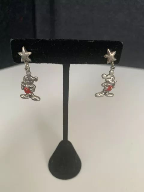 Vintage  Disney Mickey Mouse  Dangling Sliver Tone Star Earrings Red Shorts