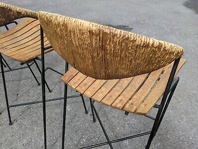 4 Arthur Umanoff Steel, Wood & Rush mid century bar stools. Imported from USA 6