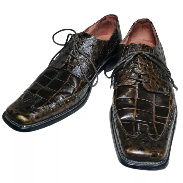 Fratelli Footwear Crocodile Ostrich Leather Lace Up Shoes Men's Size 9M Brown