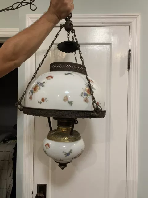 Antique Victorian Domed Hanging Light  Electrified Kerosene Fixture Large Shade